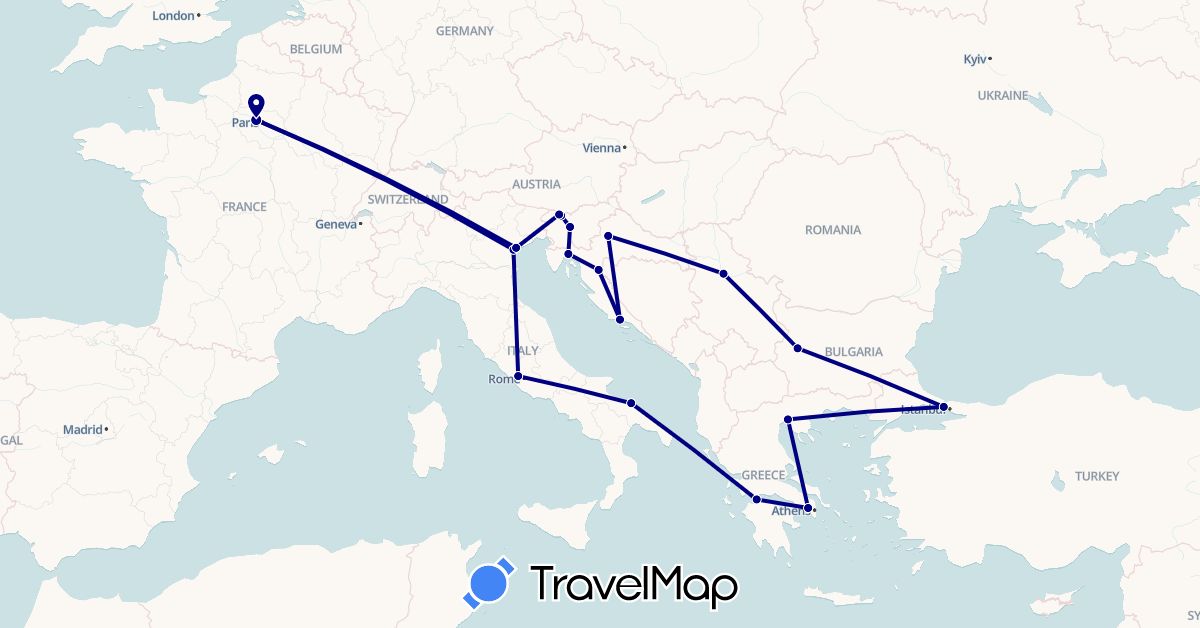 TravelMap itinerary: driving in Bulgaria, France, Greece, Croatia, Italy, Serbia, Slovenia, Turkey (Asia, Europe)